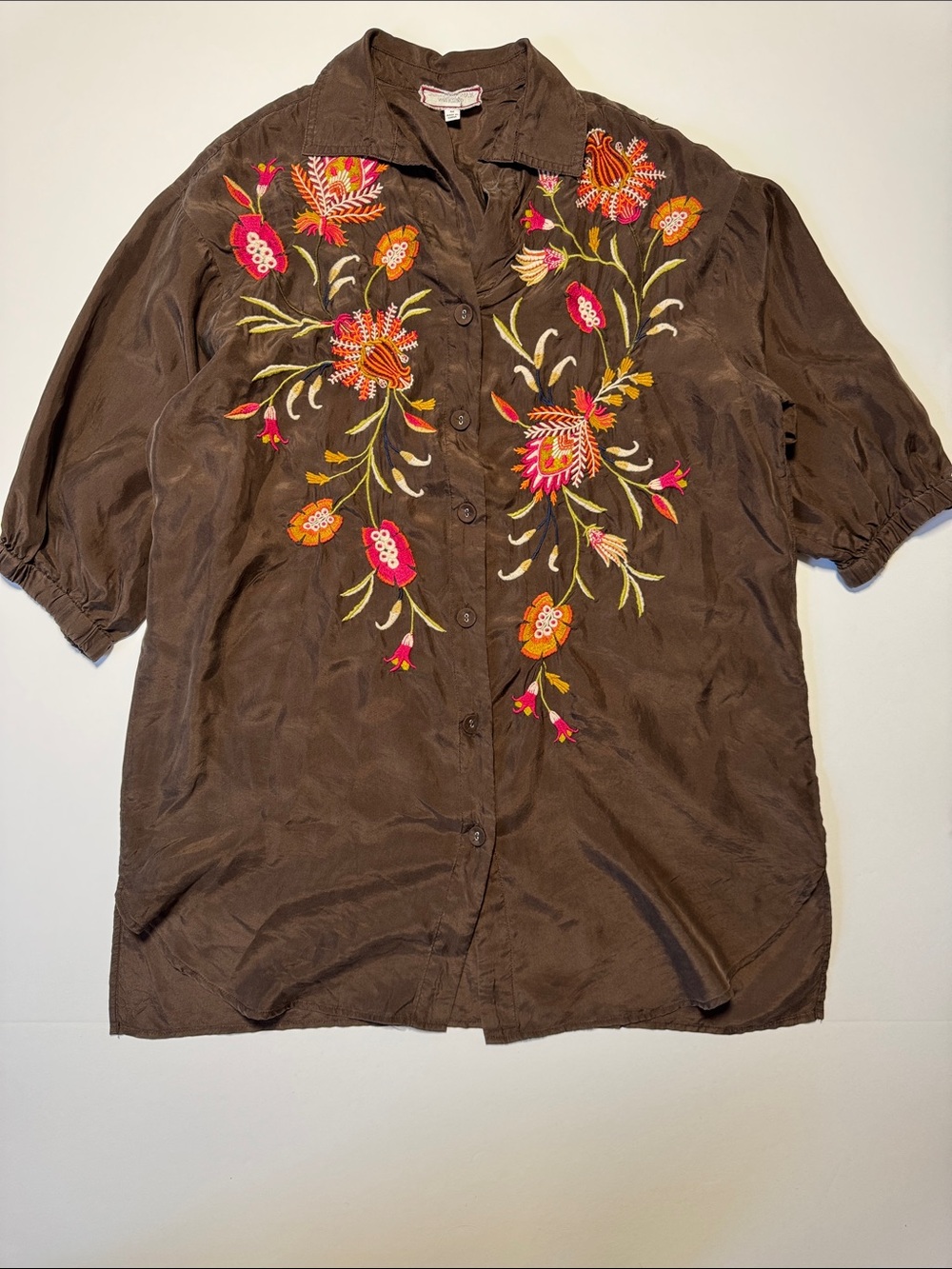 JOHNNY WAS Rosalva Oversized Weekend Tunic Embroidered Floral Brown 100% Silk M